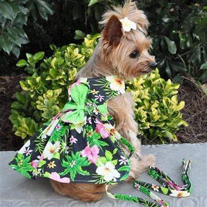 Pet Stop Store Twilight Black Hawaiian Hibiscus Dog Dress w/Leash