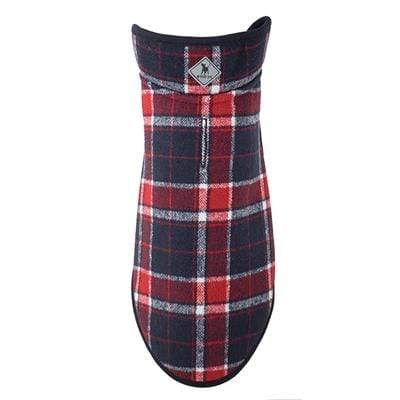 Trendy Navy Blue & Red Plaid Adjustable Alpine Dog Jacket with Harness Hole