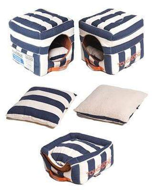 Pet Stop Store Blue Polo-Striped Convertible & Reversible Square 2-in-1 Dog or Cat Bed