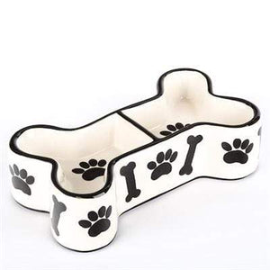 Pet Stop Store Bone Shaped Divided Bowl Stylish Ceramic Paw & Bone Black & White Pet Bowls & Treat Jars