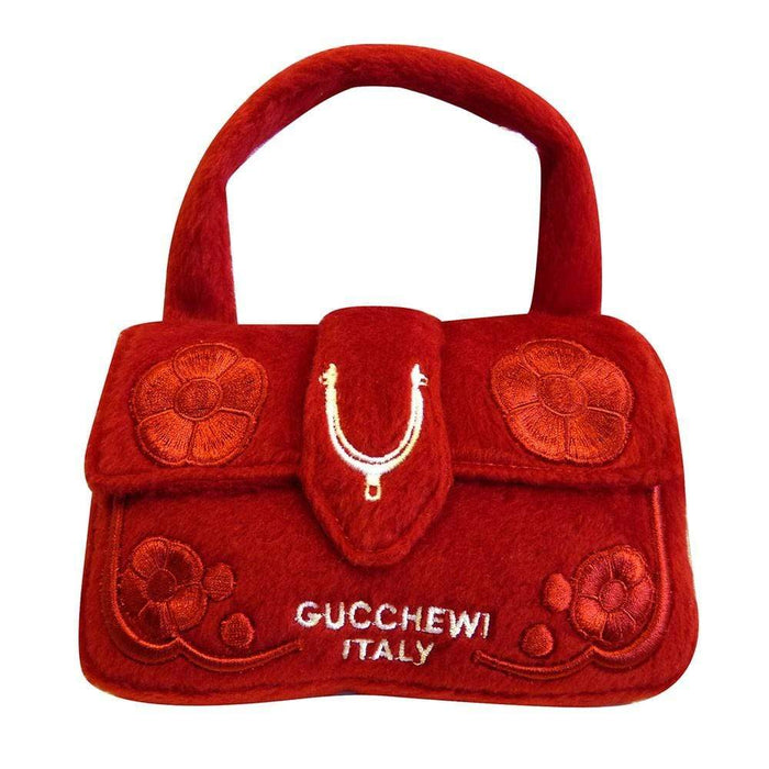 Designer Inspired Plush Gucchewi Red Handbag Pet Toy