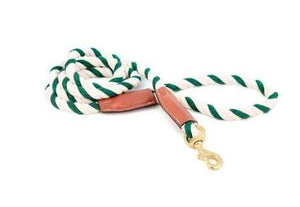 Pet Stop Store Green & White Cotton Rope Leash with Leather Accents