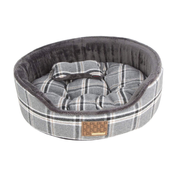 Modern, Stylish Kemp Gray Checkered Dog Bed & Bone Toy