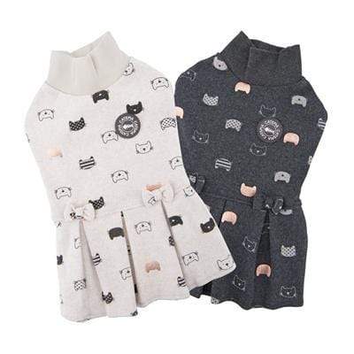 One Piece Oatmeal & Charcoal Cat Patterned Turtleneck Cat Dress