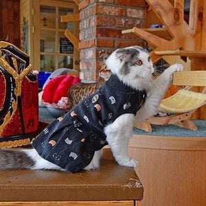 Pet Stop Store One Piece Oatmeal & Charcoal Cat Patterned Turtleneck Cat Dress