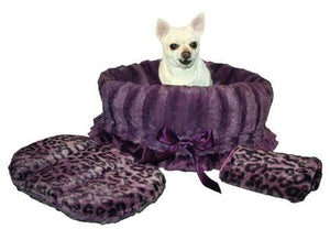 Pet Stop Store Purple Cheetah Snuggle Bug Faux Fur Dog Bed