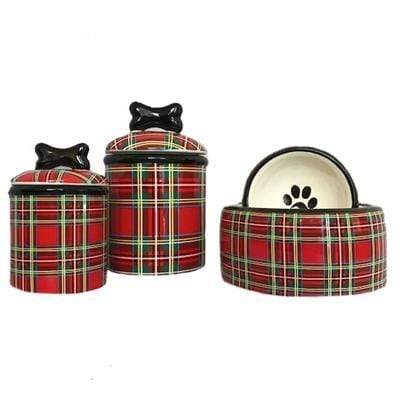 Red & Green Plaid Ceramic Bowl & Treat Kitchen Set at Pet Stop Store