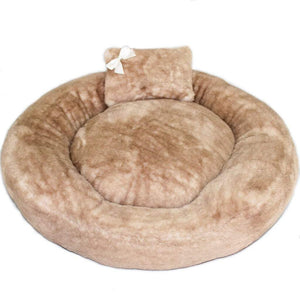 Pet Stop Store round Brown Teddy Bear Dog Bed with Pillow & Satin Bow