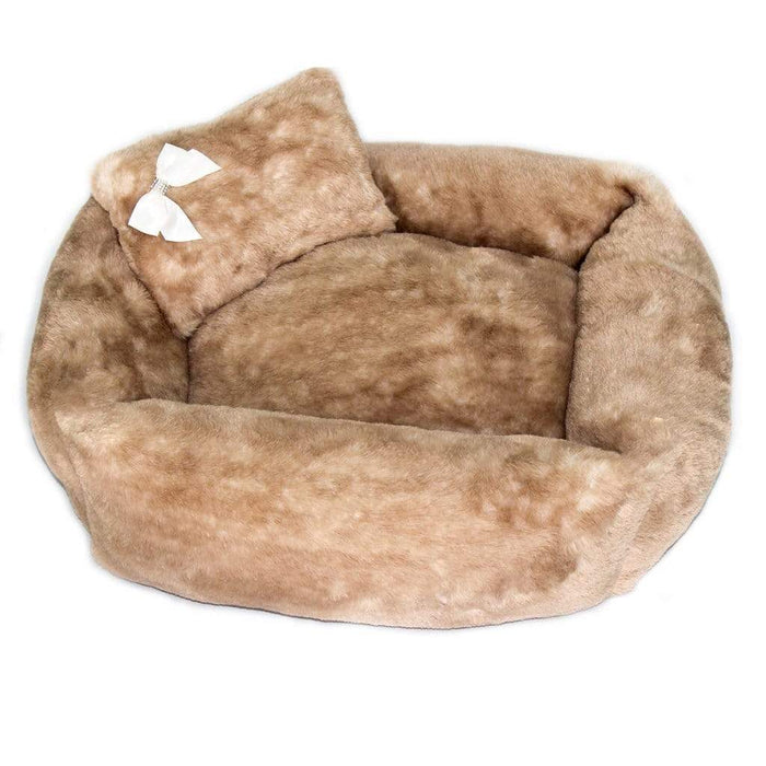 Brown Teddy Bear Dog Bed with Pillow & Satin Bow