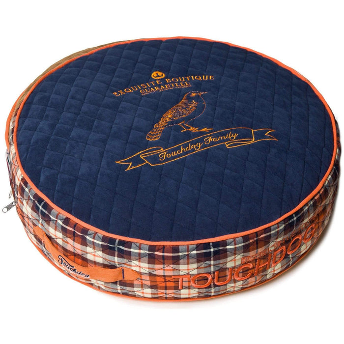 Dark Blue & Orange Posh Round Designer Fleece Plaid Dog Bed