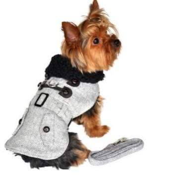 Stylish Gray Herringbone Dog Coat Harness with Leash