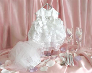 Pet Stop Store xs White Satin Wedding Dog Dress, Headpiece, Leash & D-Ring